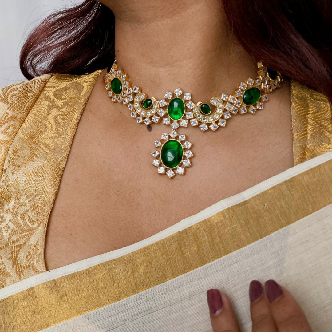 Buy SILVER GOLD PLATED GREEN STONE CHOKER Online Unniyarcha