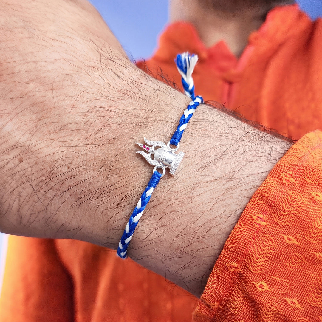 Pure 92.5 Silver Shivling Trishul Rakhi with Chandan Tilak Set