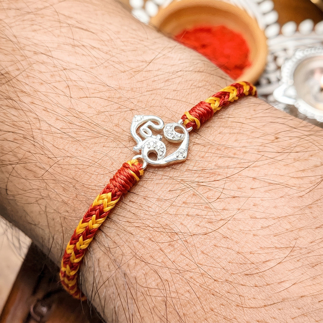 Pure 92.5 Tamil Om Silver Rakhi with Chandan Tilak Set
