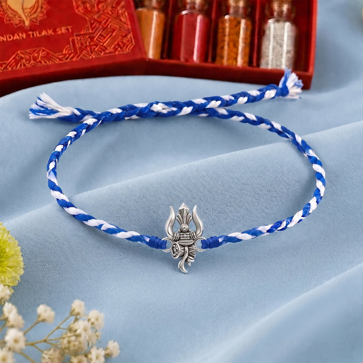 Trishul Om Rakhi in 925 Silver with Chandan Tilak Set