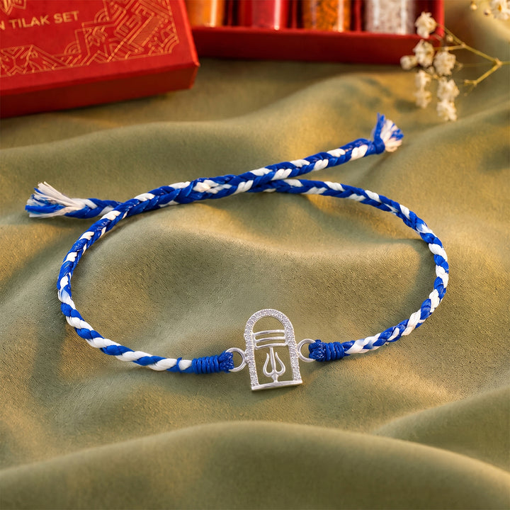 Pure 92.5 Silver Trishul Rakhi with Chandan Tilak Set