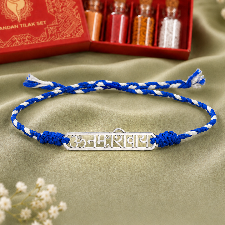 Unniyarcha 925 Pure Silver Om Namah Shivay Rakhi with Chandan Tilak set