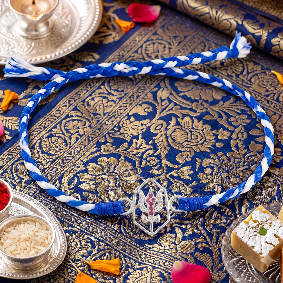 Pure 92.5 Silver Trishul Rakhi with Chandan Tilak Set