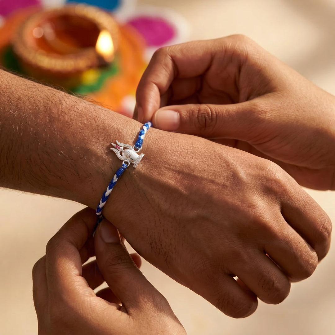 Pure 92.5 Silver Shivling Trishul Rakhi with Chandan Tilak Set