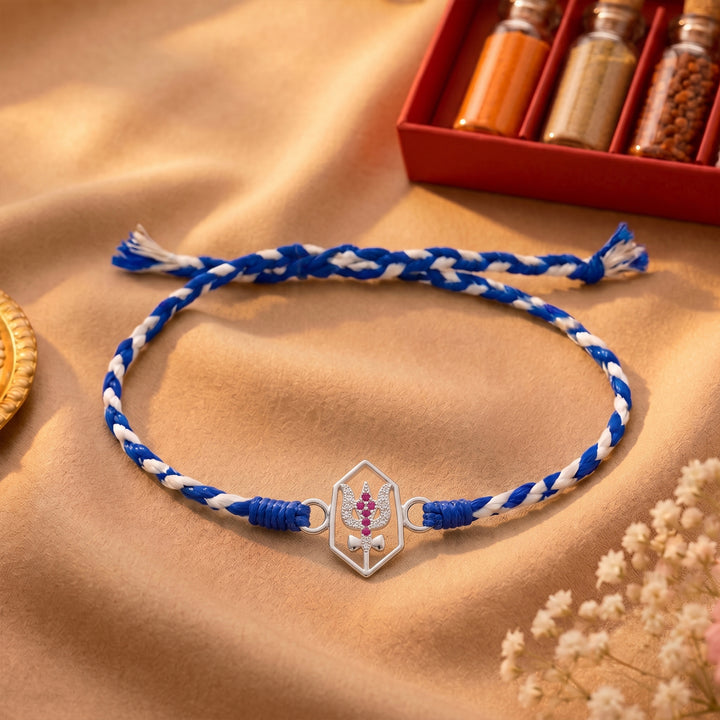 Pure 92.5 Silver Trishul Rakhi with Chandan Tilak Set