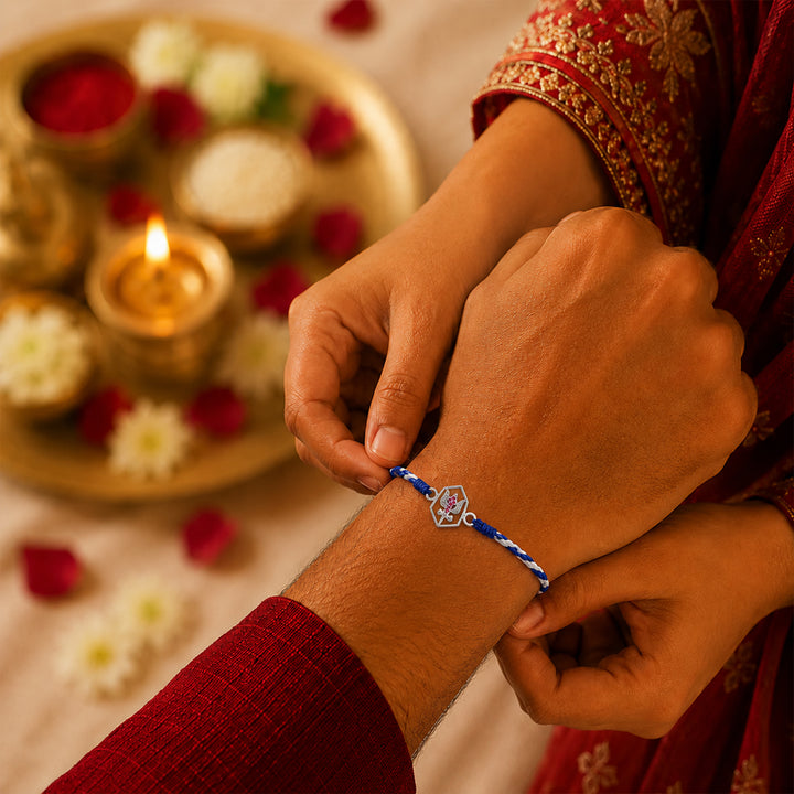 Pure 92.5 Silver Trishul Rakhi with Chandan Tilak Set