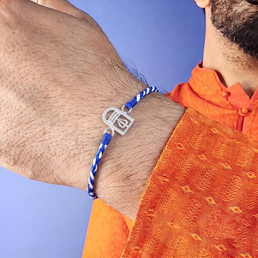 Pure 92.5 Silver Trishul Rakhi with Chandan Tilak Set