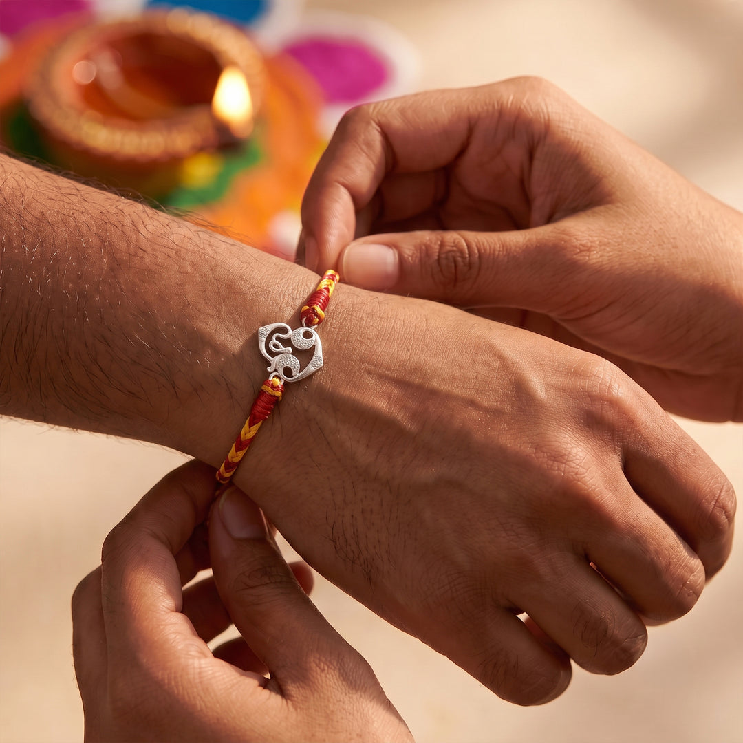 Pure 92.5 Tamil Om Silver Rakhi with Chandan Tilak Set