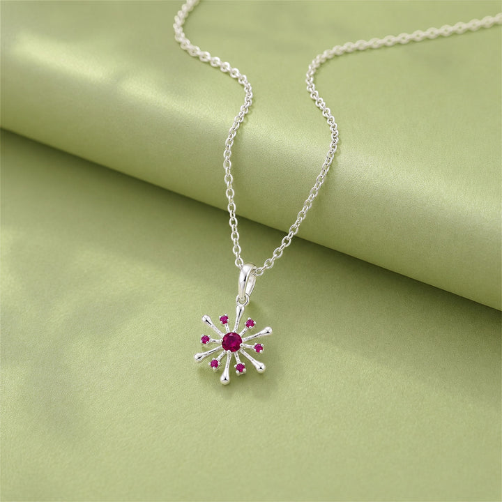 925 Pure Silver Red Zircon Snowflake Starburst Pendant Necklace