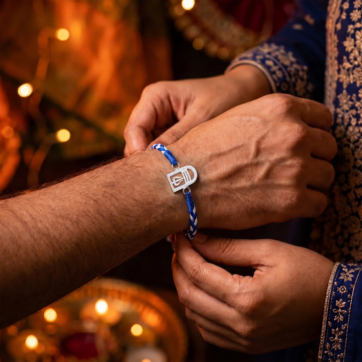 Pure 92.5 Silver Trishul Rakhi with Chandan Tilak Set