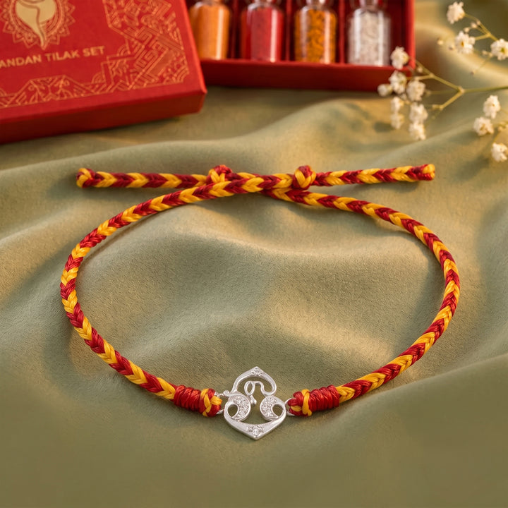 Pure 92.5 Tamil Om Silver Rakhi with Chandan Tilak Set