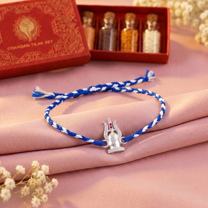 Pure 92.5 Silver Shivling Trishul Rakhi with Chandan Tilak Set