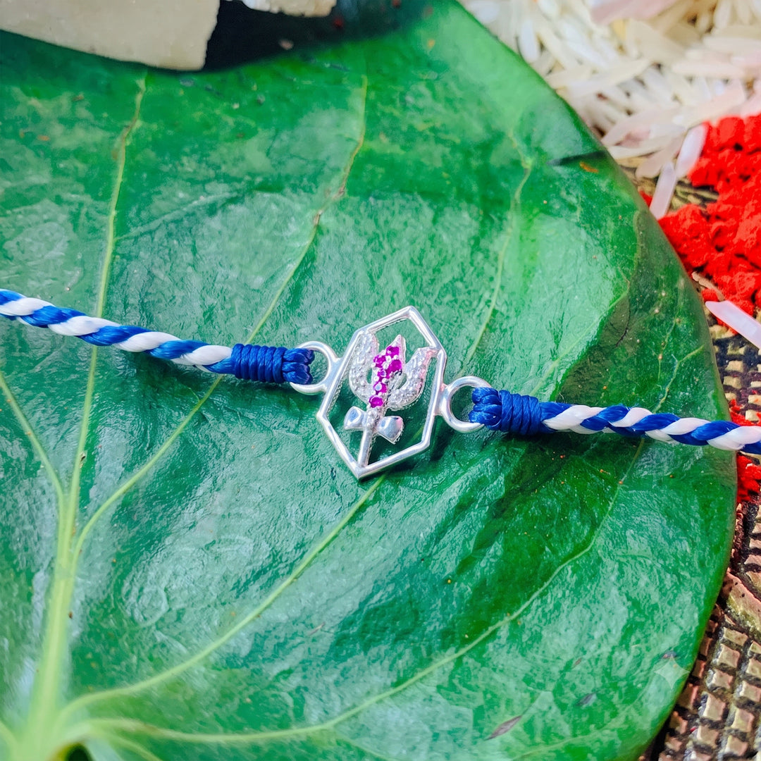 Pure 92.5 Silver Trishul Rakhi with Chandan Tilak Set