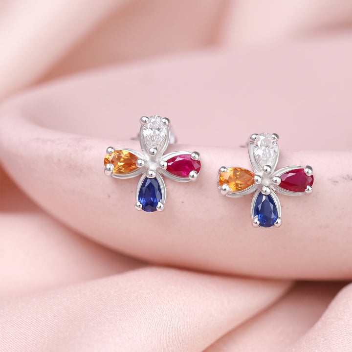 925 Silver Multicolor Gemstone Floral Stud Earrings