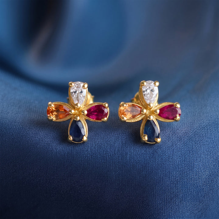 925 Silver Multicolor Gemstone Floral Stud Earrings
