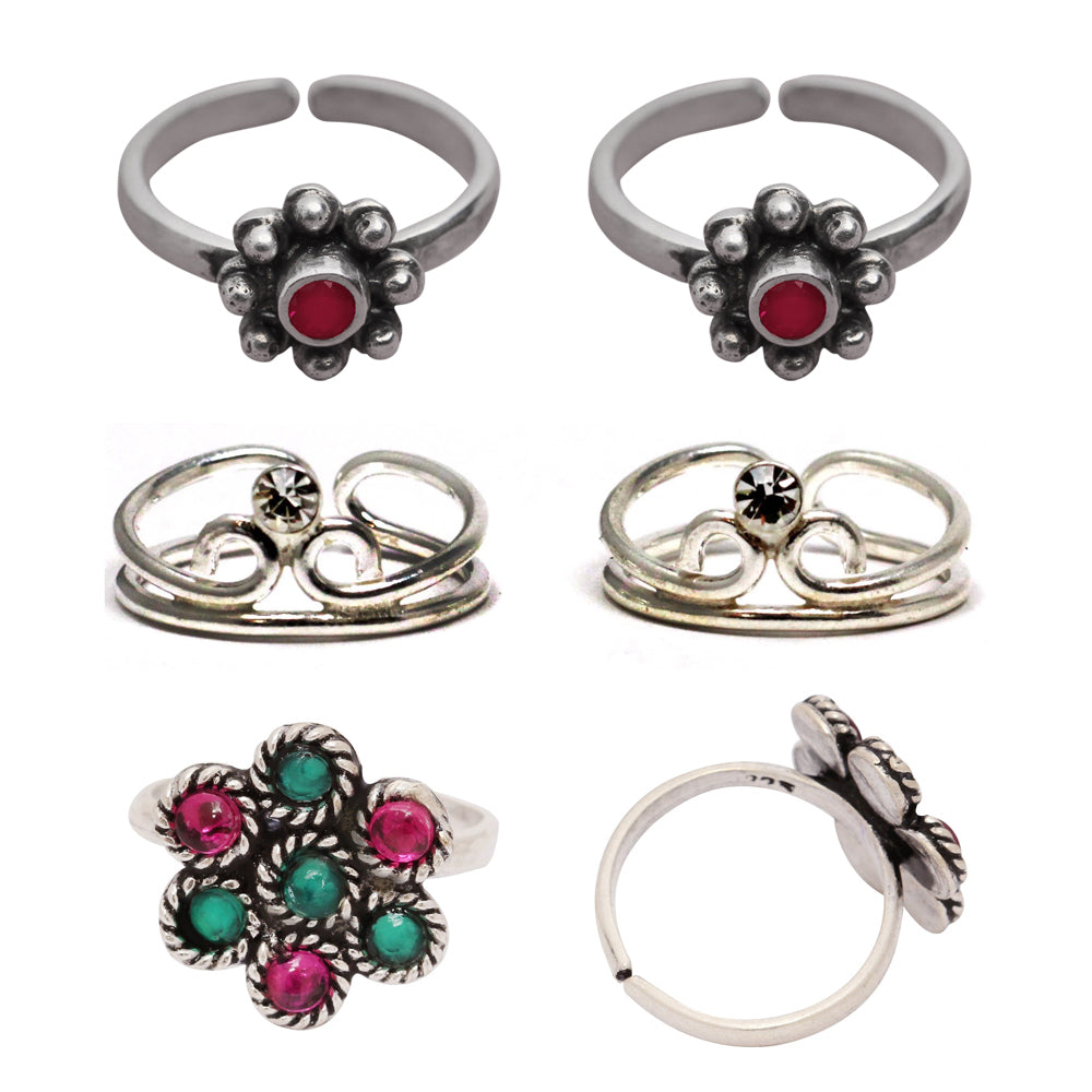 Multi Color Assorted Design Toe Rings (Bichhiya) Combo Of 2 Pairs (TOE