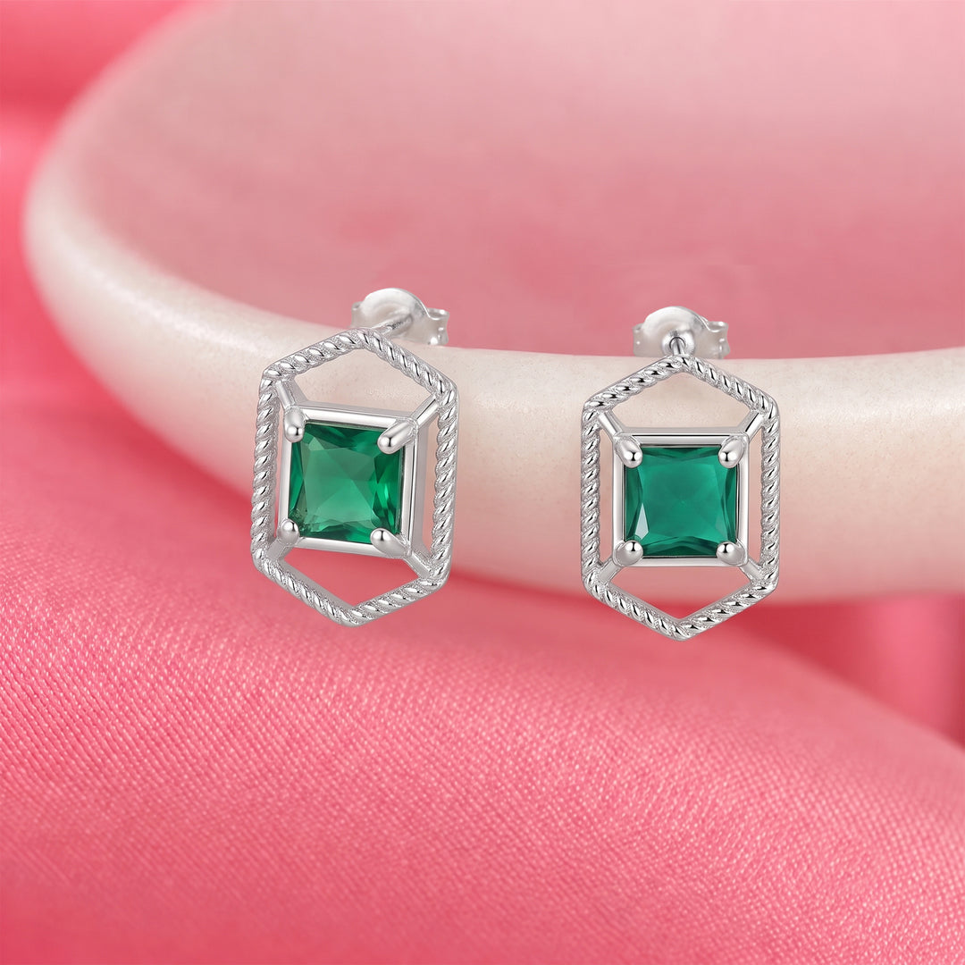 925 Silver Emerald Hexagon Stud Earrings