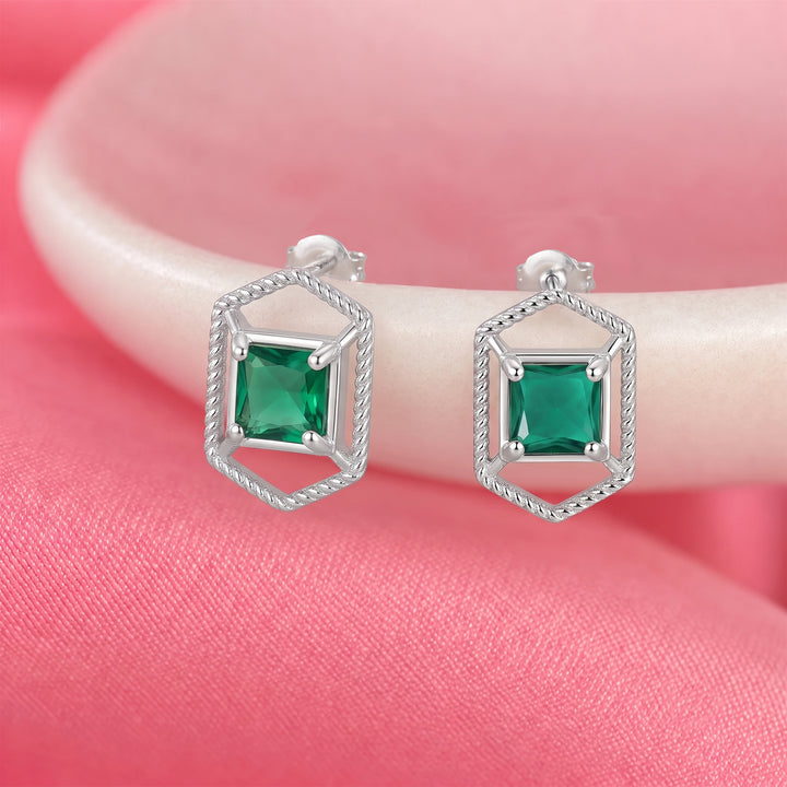 925 Silver Emerald Hexagon Stud Earrings
