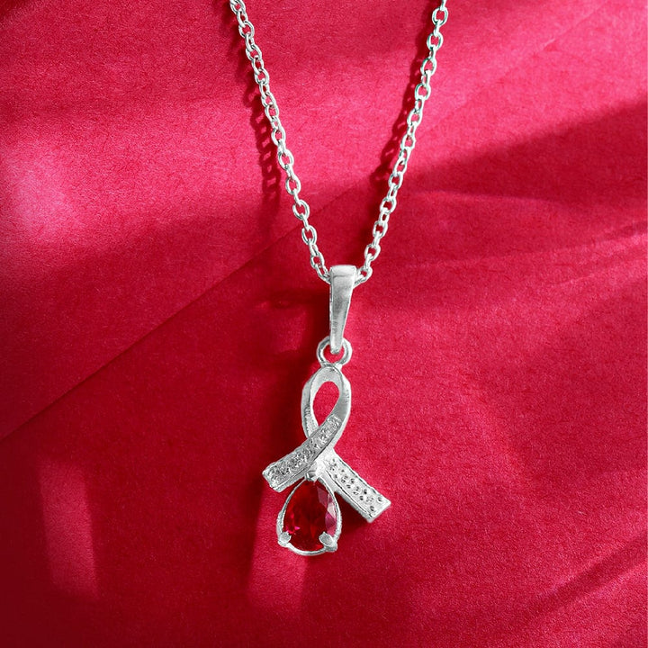 Silver Red Drop Stone Pendant And Chain