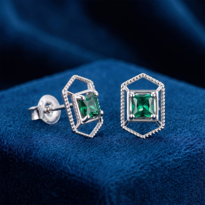 925 Silver Emerald Hexagon Stud Earrings