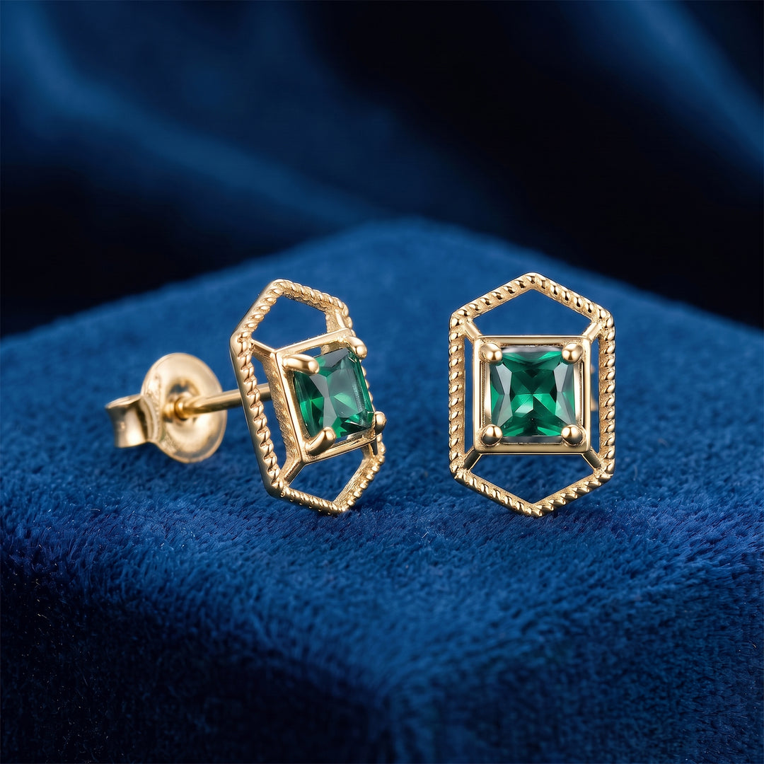 925 Silver Emerald Hexagon Stud Earrings
