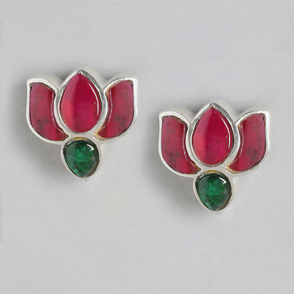 92.5 Silver Crimpson Kundan Lotus Stud Earrings