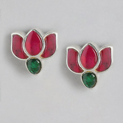 92.5 Silver Crimpson Kundan Lotus Stud Earrings