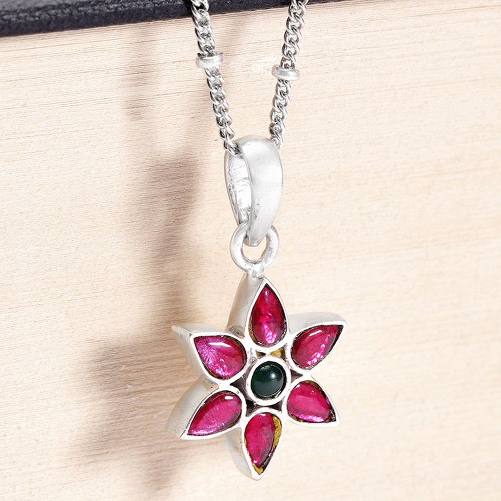 92.5 Silver Red Kundan Flower Necklace