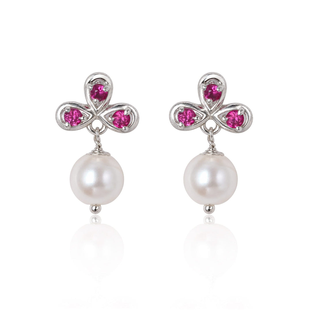 Silver Ruby Pearl Drop Earrings