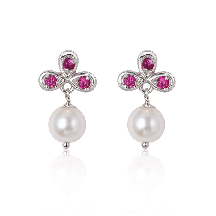 Silver Ruby Pearl Drop Earrings