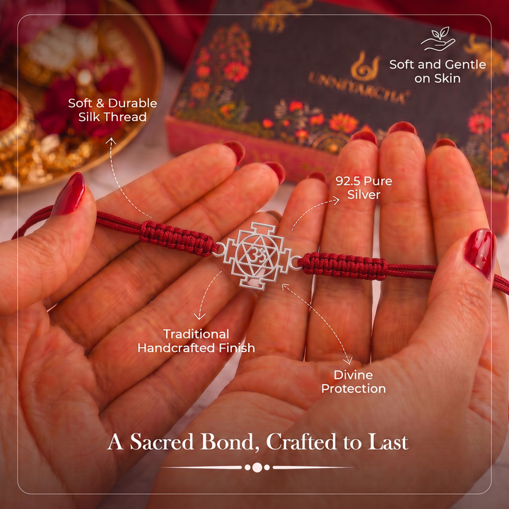 Trinity Shakti – 925 Silver Om Swastik Chakra Rakhi with Chandan Tilak set