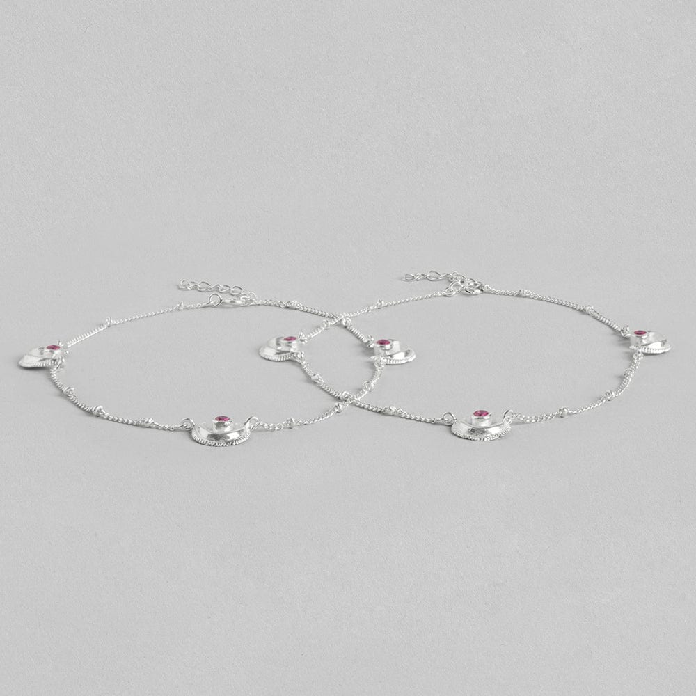 Pink stone Silver Anklet