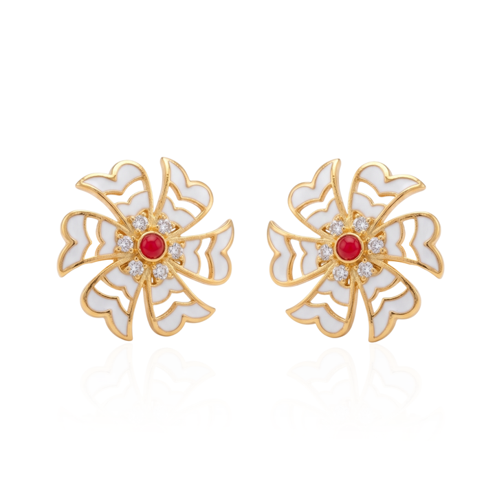 925 Silver Shiuli White Enamel Flower Stud Earrings
