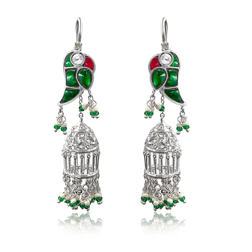 Mithu Gulmohar Cage Silver Sui Dhaga Earrings