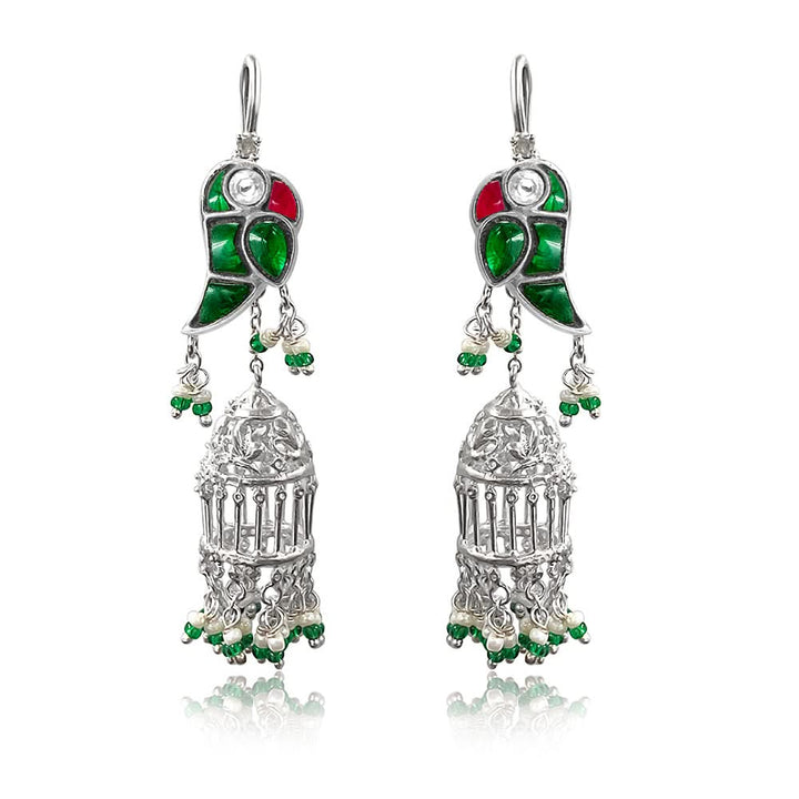 Mithu Gulmohar Cage Silver Sui Dhaga Earrings