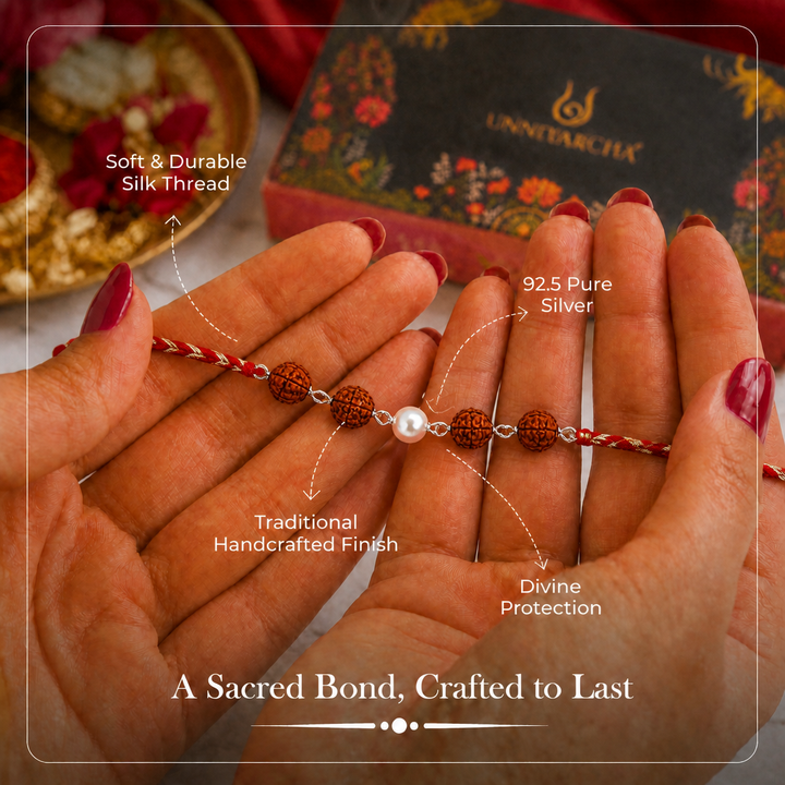 Unniyarcha 925 Pure Silver Elegant Pearl & Rudraksha Red Thread Rakhi with Chandan Tilak set