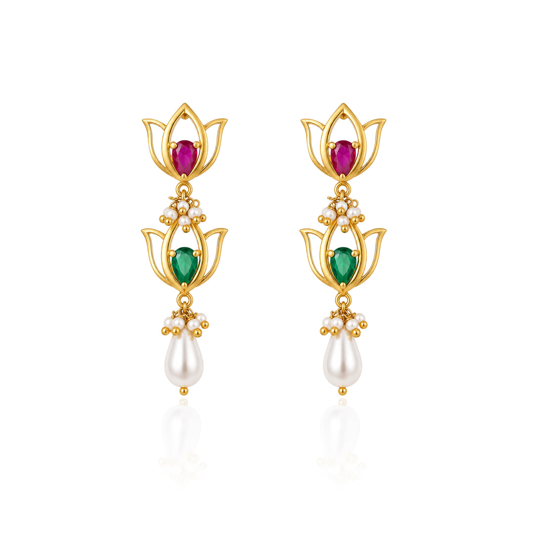Silver Double Kamal Pearl Drop Earrings