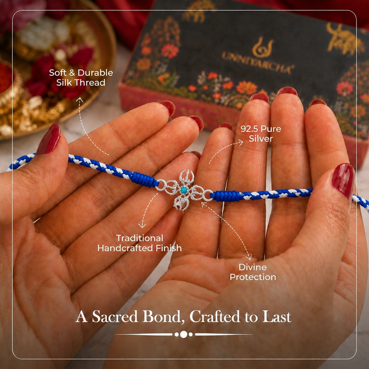 Unniyarcha 925 Pure Silver Trishul Rakhi with Chandan Tilak set
