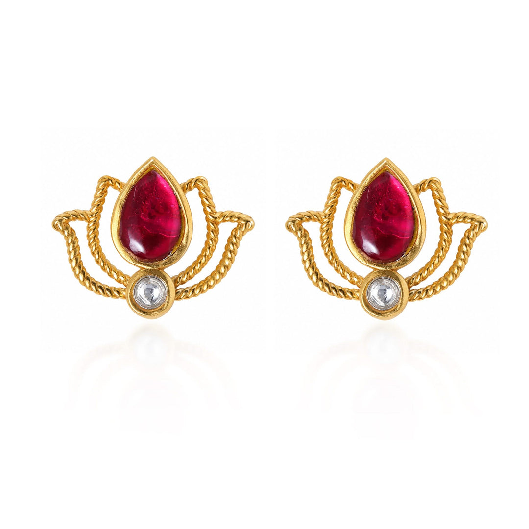 Silver 925 Ruby Lotus Kundan Stud Earrings