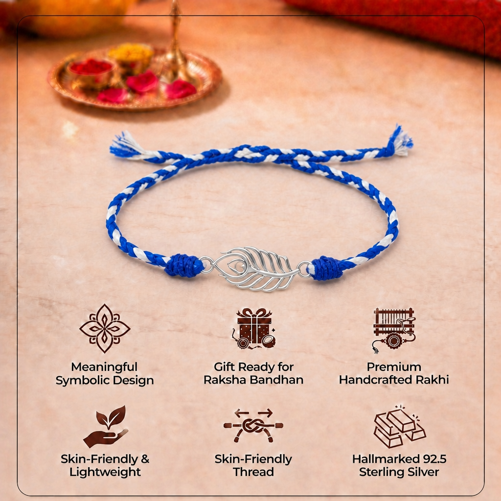 Pure 92.5 Morpankh Silver Rakhi with Chandan Tilak Set