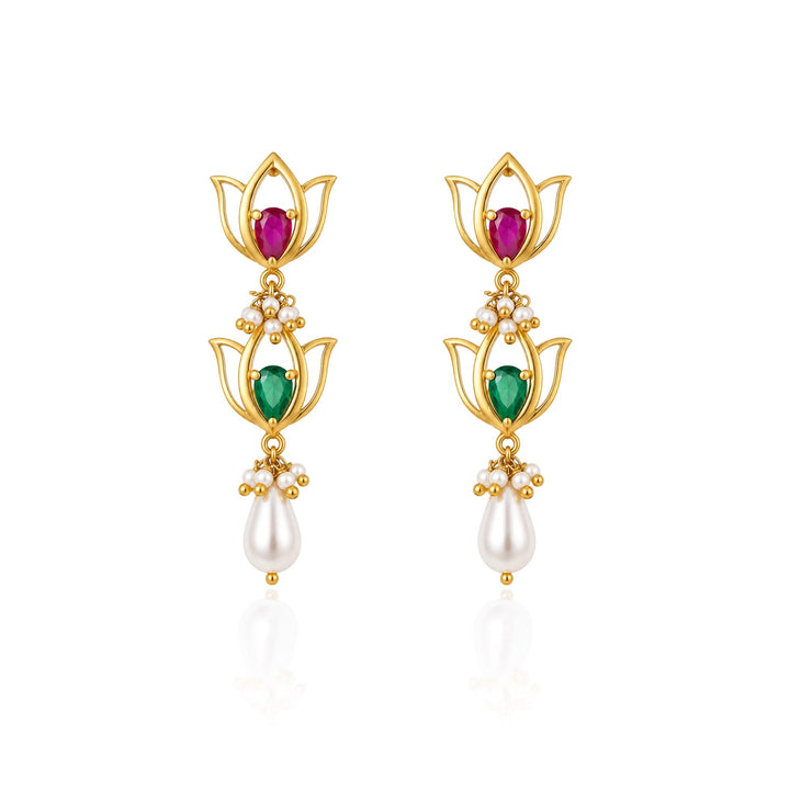 Silver Double Kamal Pearl Drop Earrings