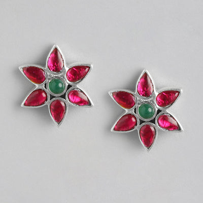 92.5 Silver Red Kundan Flower earring
