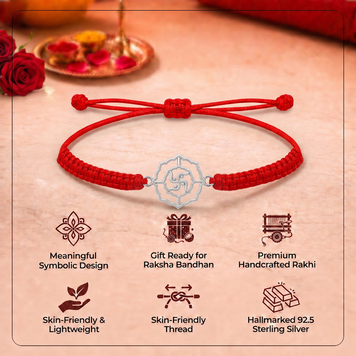 Unniyarcha 925 Pure Silver Swastik Rakhi with Chandan Tilak set
