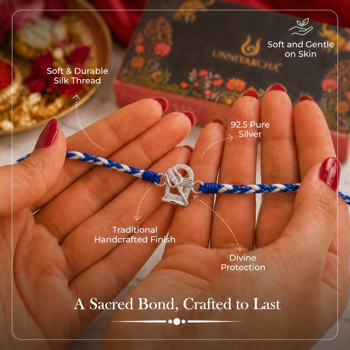 Pure 92.5 Silver Trishul Rakhi with Chandan Tilak Set