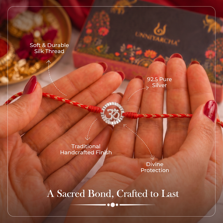 Unniyarcha 925 Pure Silver Om and Surya Rakhi with Chandan Tilak set