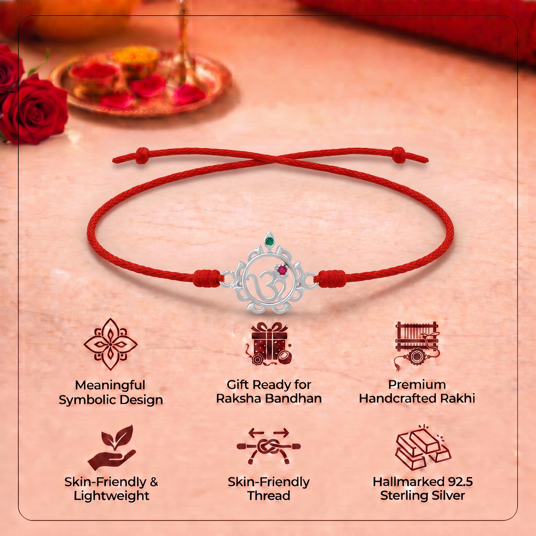 Unniyarcha 925 Pure Silver Om and Sudarshan Chakra Rakhi with Chandan Tilak set