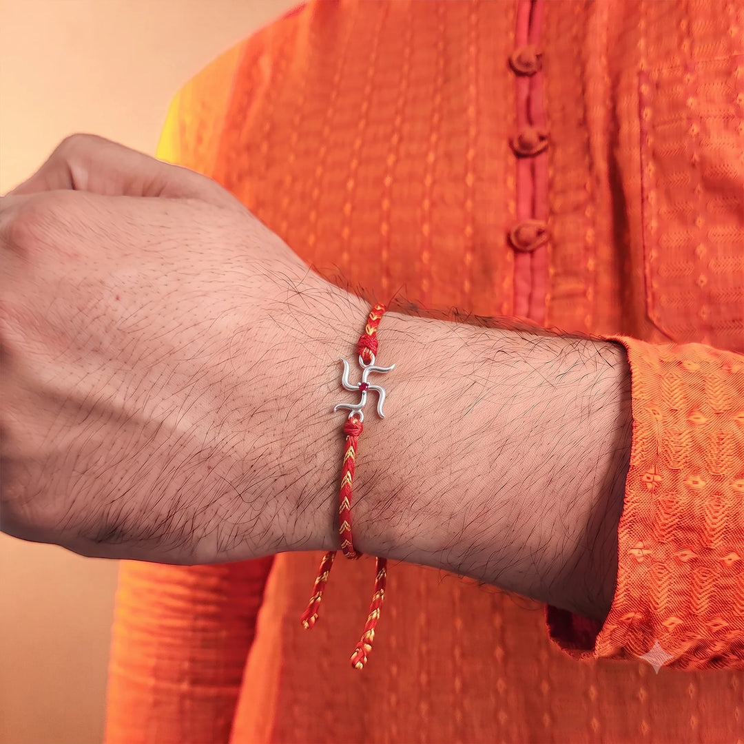 Pure 92.5 Swastik Silver Rakhi with Chandan Tilak Set