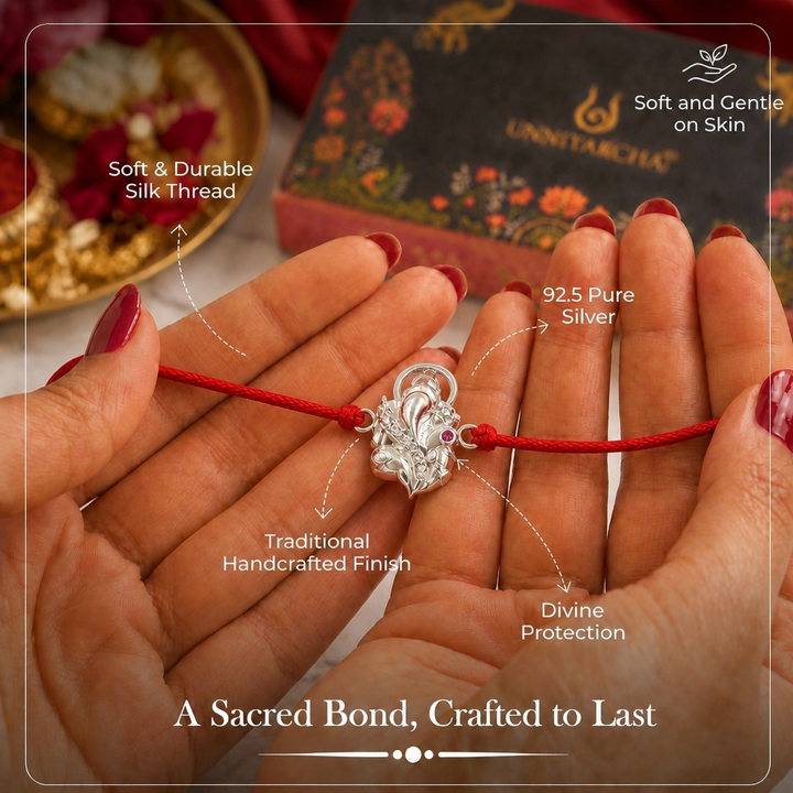 Pure 92.5 Sterling Silver Ganpati Rakhi with Chandan Tilak Set
