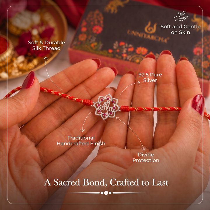 Unniyarcha 925 Pure Silver Shree Radha Rakhi with Chandan Tilak set