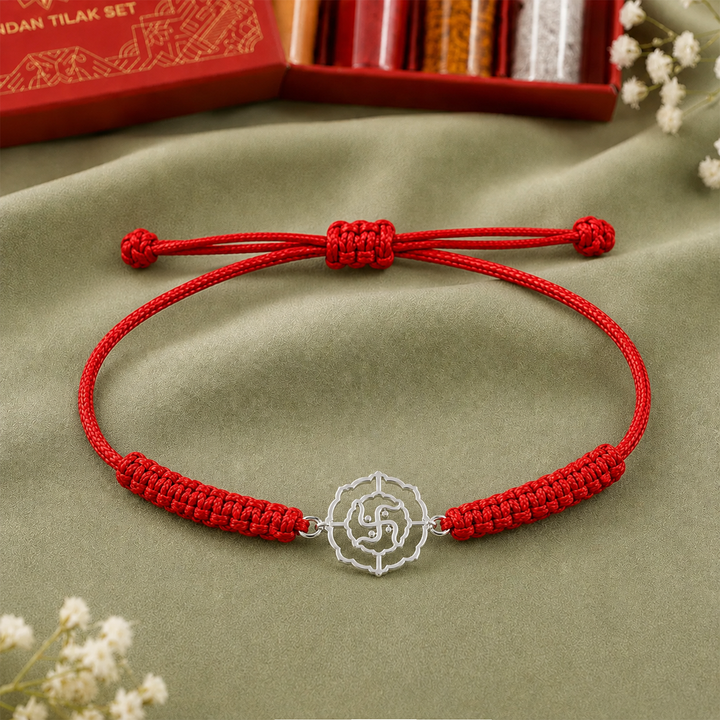 Unniyarcha 925 Pure Silver Swastik Rakhi with Chandan Tilak set